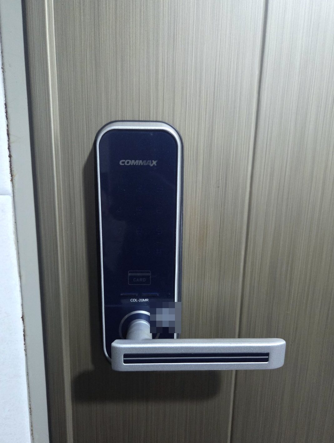 계양구 계양2동 출장 — 연한 올리브빛 세로 결무늬 문에 달린 카드 표시 레버형 도어락과 은색 손잡이